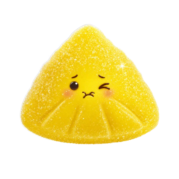 A lemon-wedge sour candy pulling a wincing face