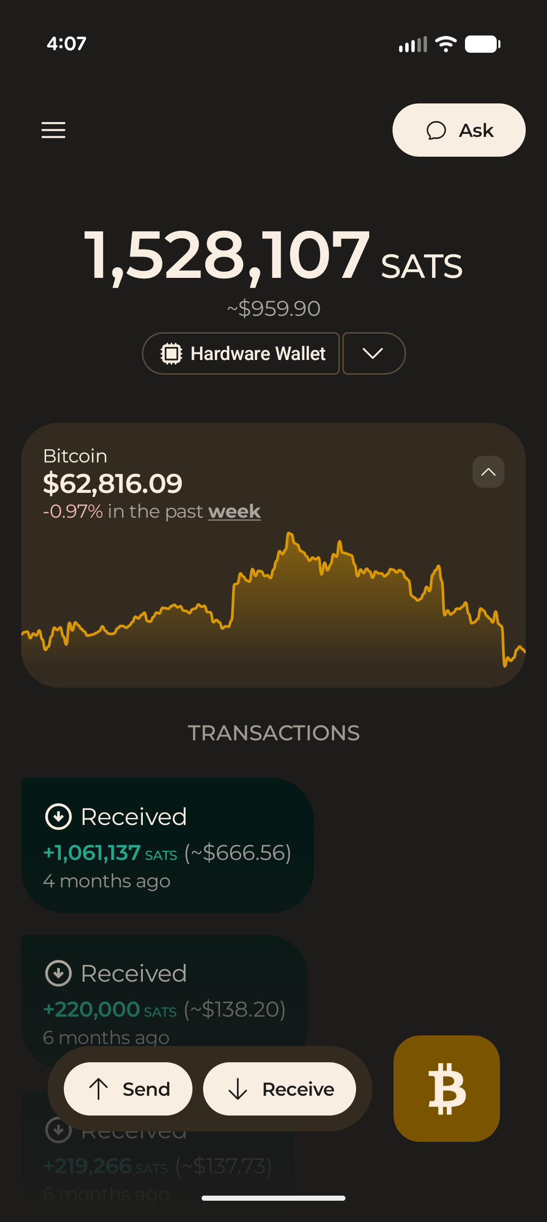 The wallet, sats-first
