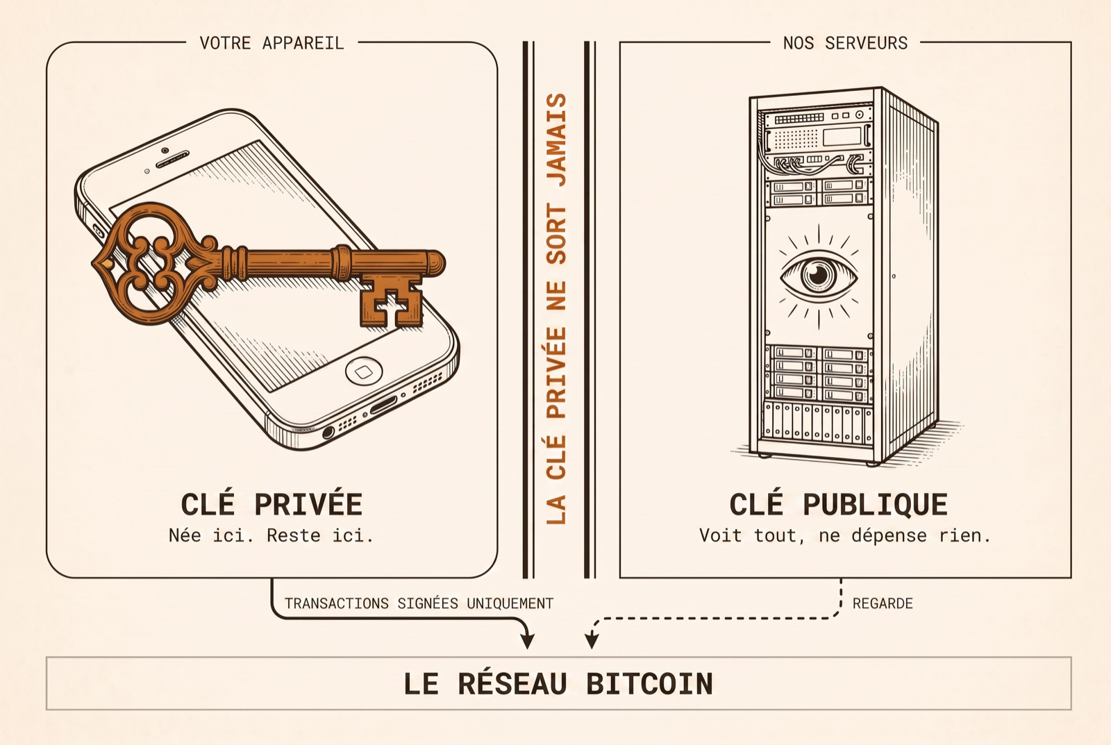 Schéma gravé. Votre appareil : une clé orange ouvragée posée sur un smartphone, la clé privée, née ici et gardée ici. Une double barrière indique : la clé privée ne sort jamais. Nos serveurs : une armoire surmontée d’un œil, la clé publique, en lecture seule. Des flèches montrent que seules des transactions signées atteignent le réseau Bitcoin ; les serveurs se contentent de regarder.